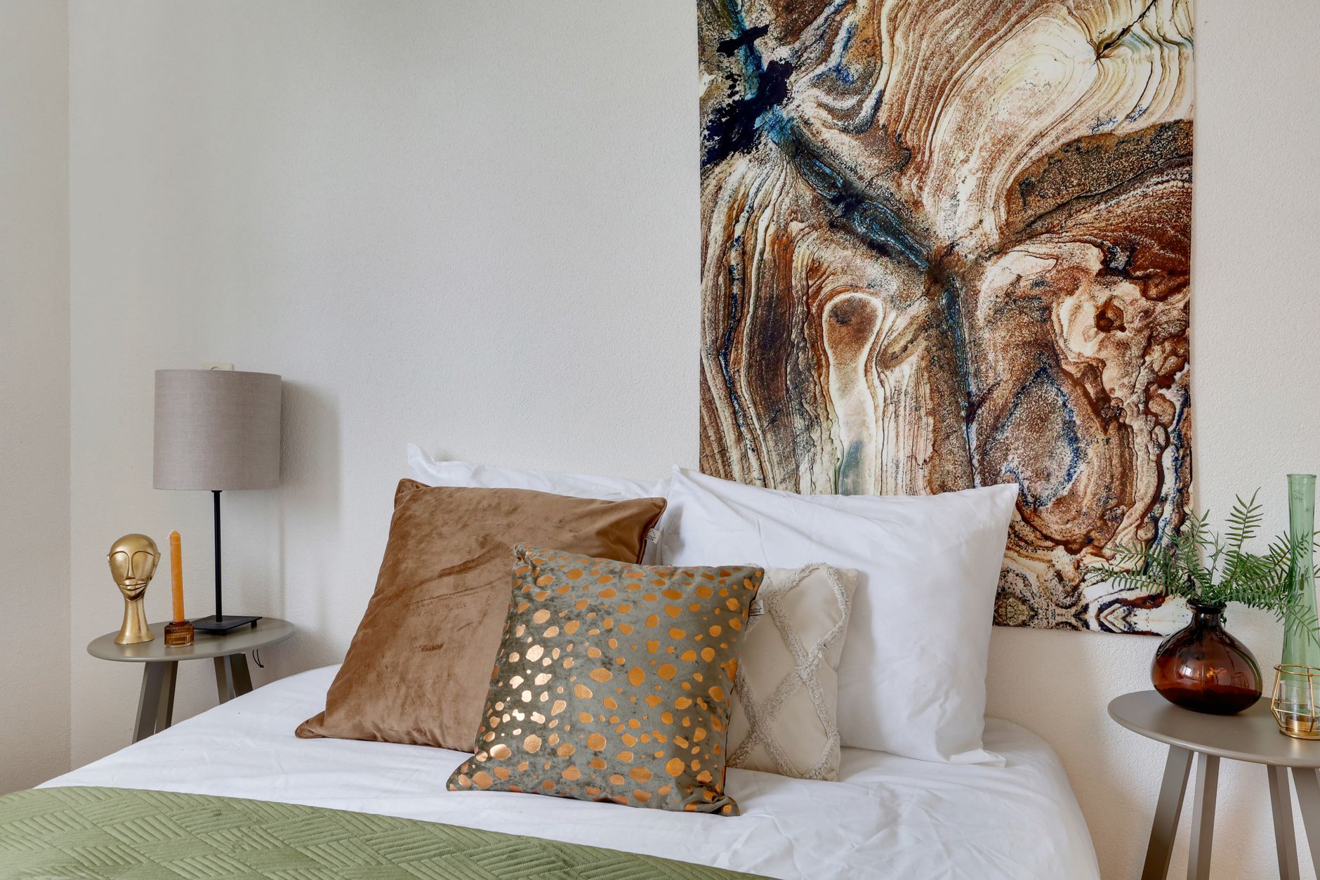 abstract painting above bed, minimalist bedroom