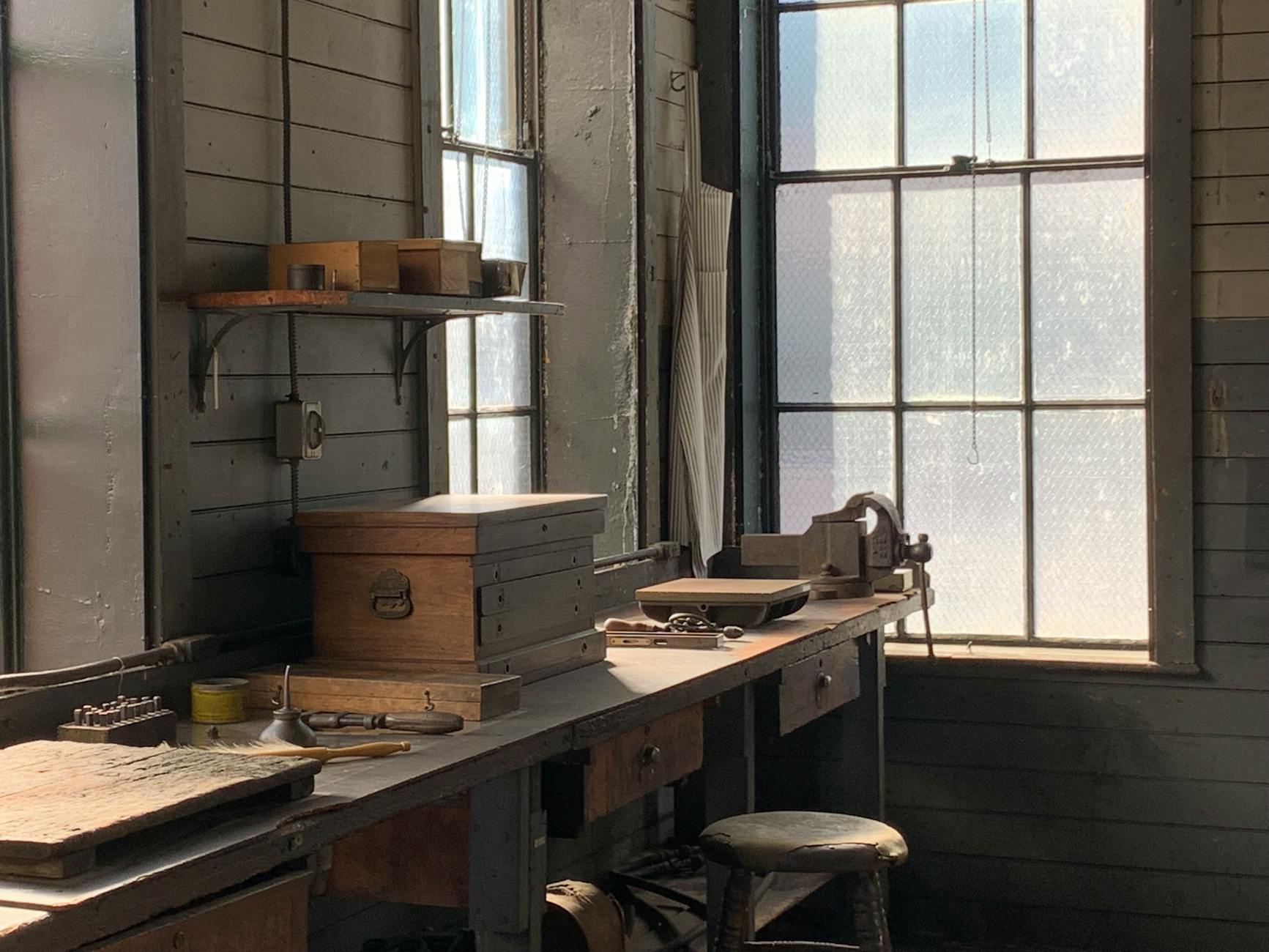 tools on wooden table workshop