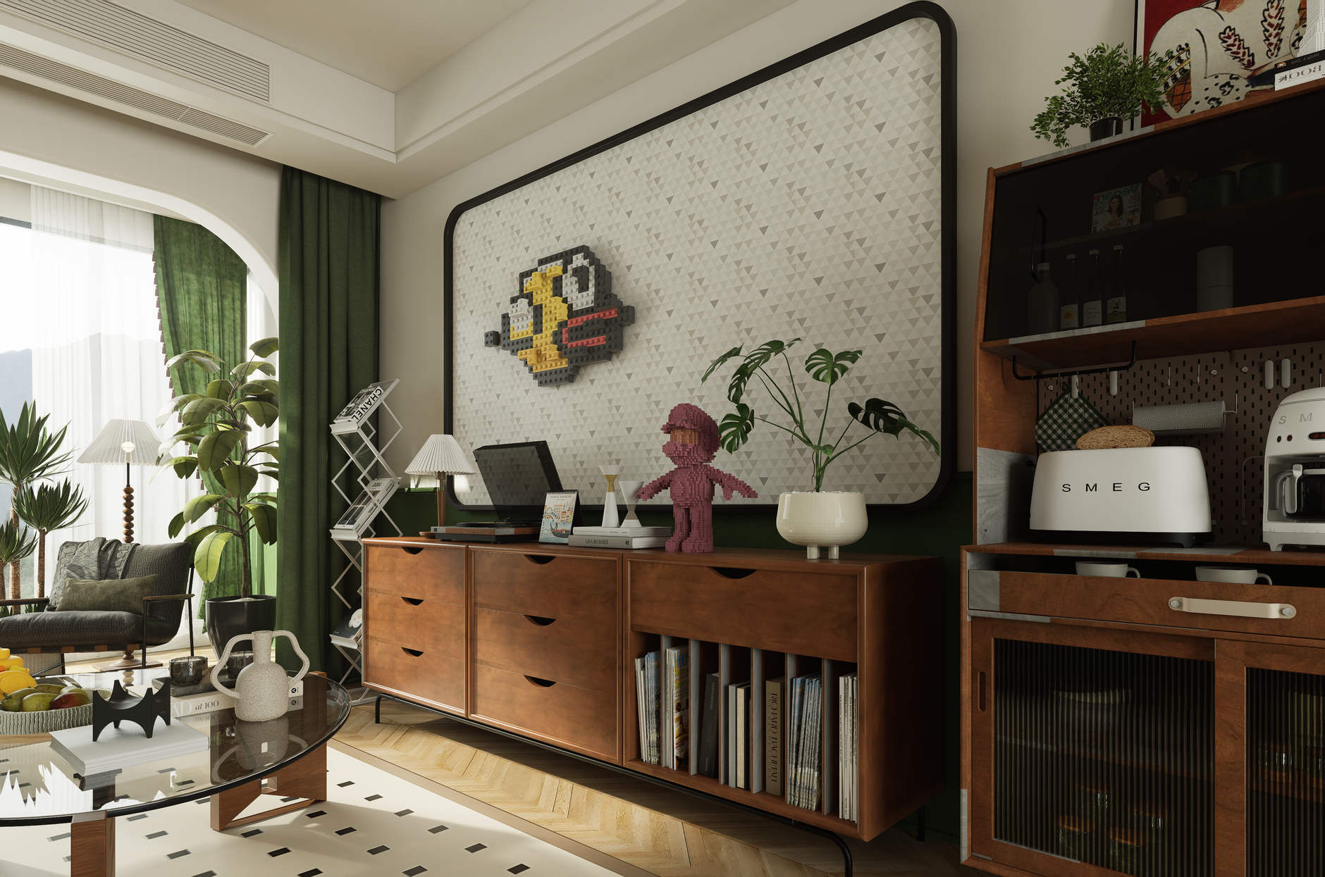 cozy biophilic interior design with lush green plants, natural wood furniture, and abundant sunlight streaming through large window