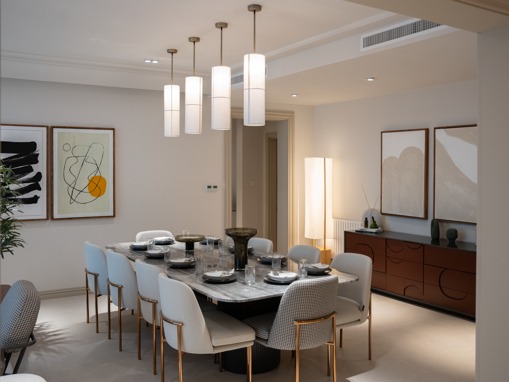 elegant dining room with stylish pendant light