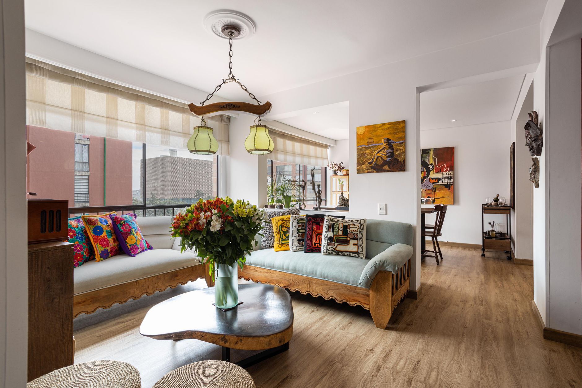 modern living room with wooden coffee table and plants