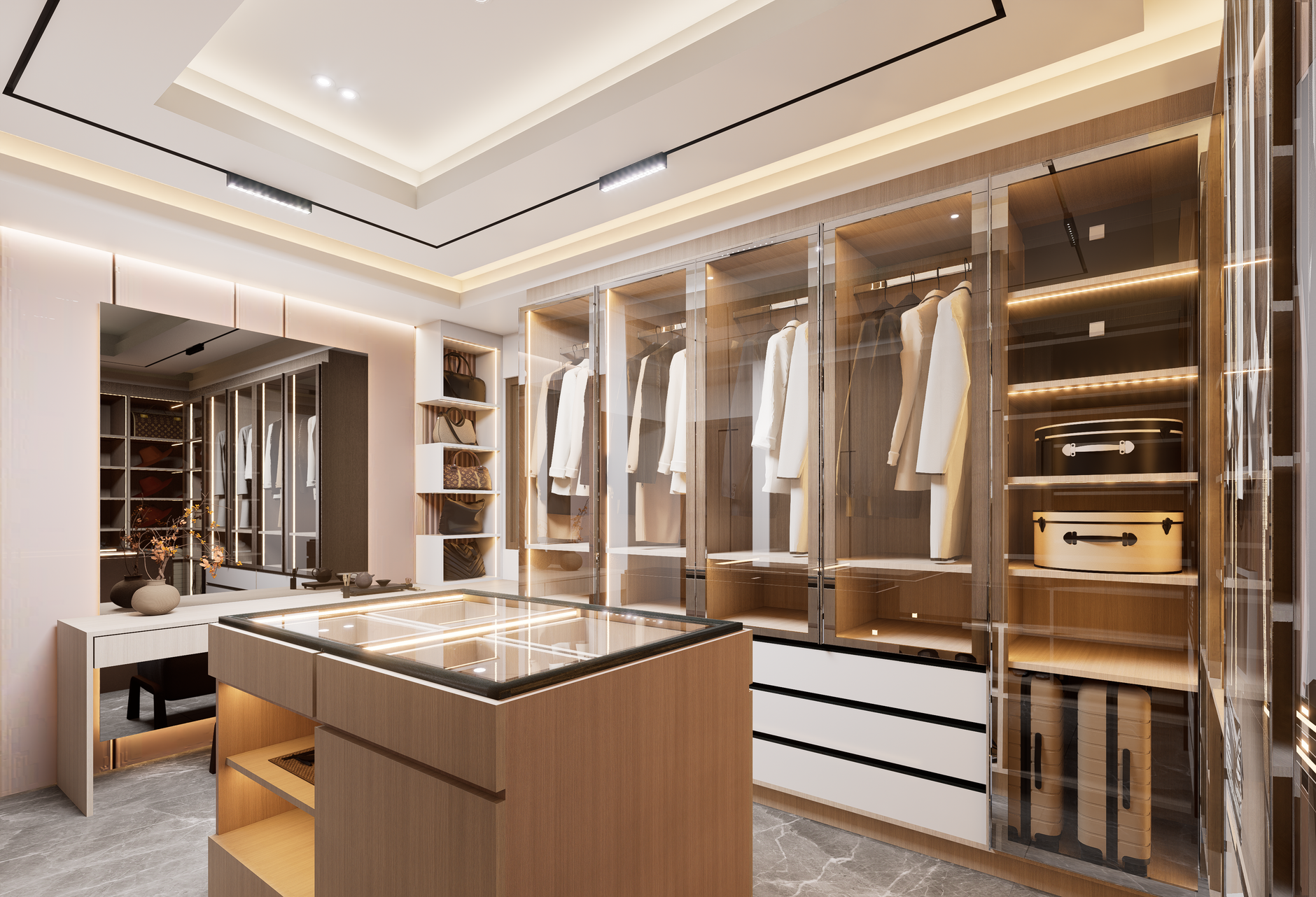 modern walk-in closet with organized clothes and light wood cabinets