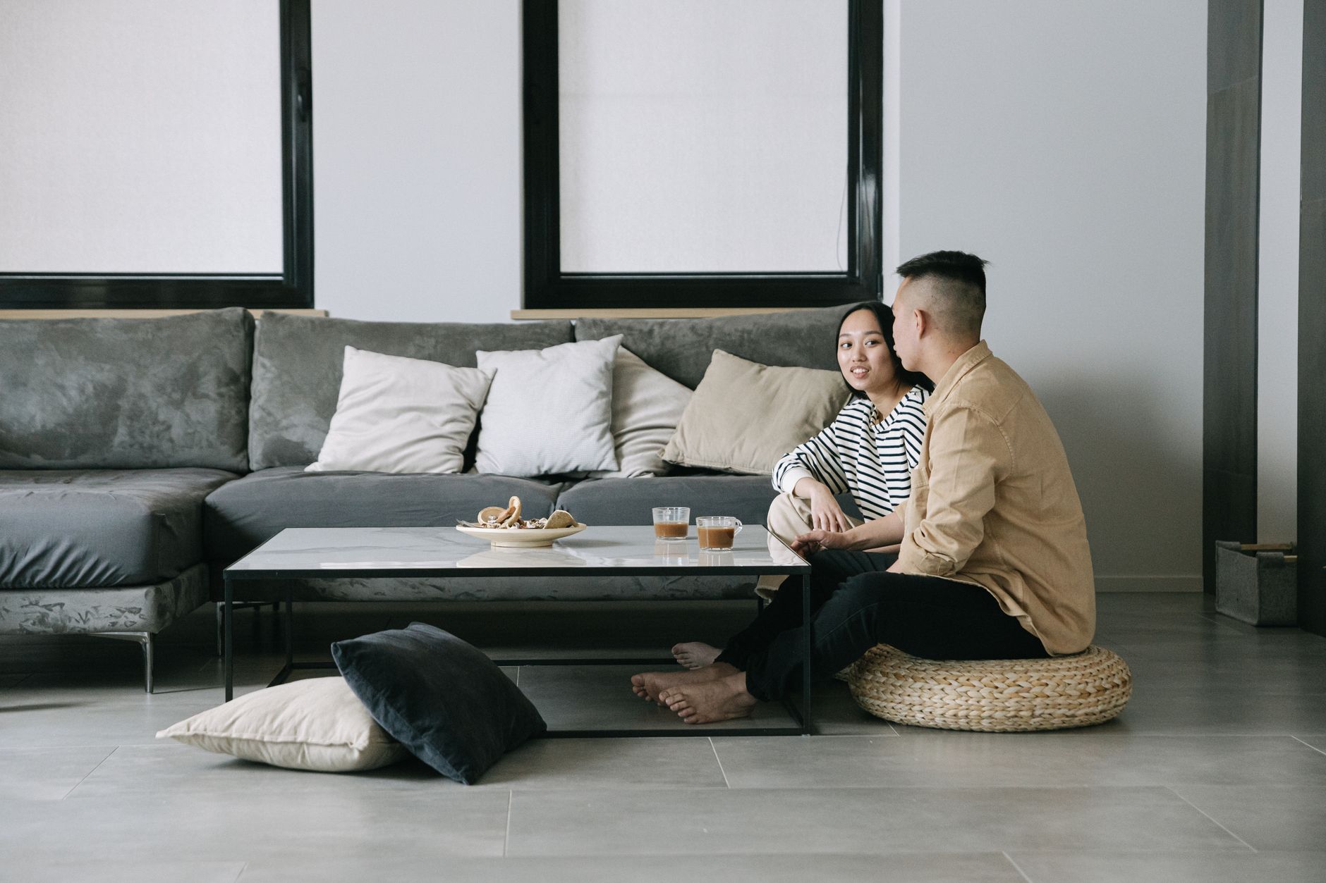 wabi sabi living room, natural materials, minimalist